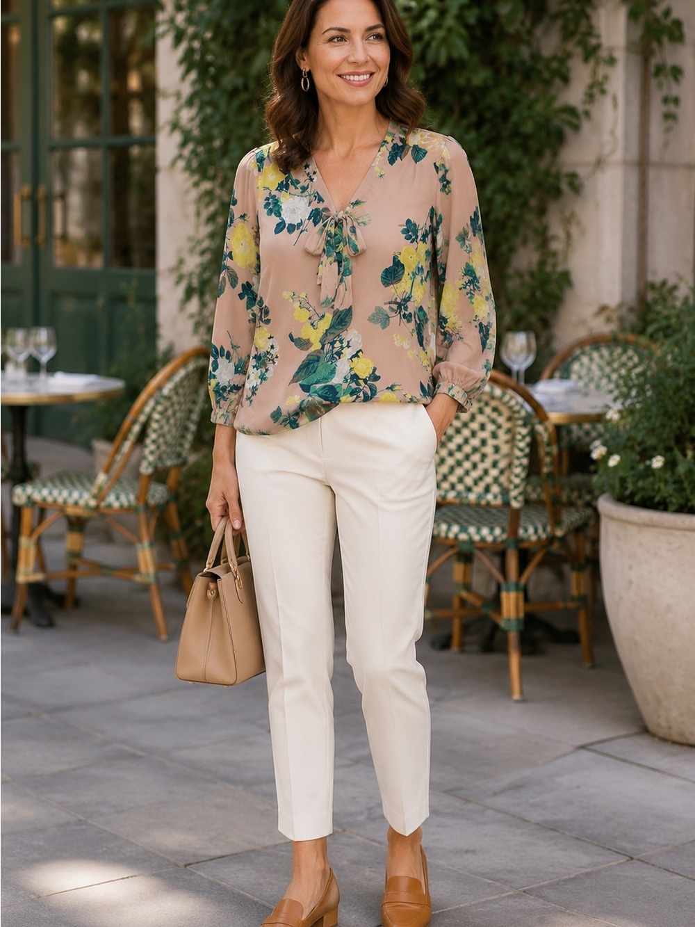 Mexx Tan Floral Tie Neck Blouse 3/4 Sleeve Botanical Top Romantic Cottagecore